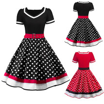 50  60s Vintage Women V-Neck Hepburn Polka Dot Party Cocktail Summer Swing Dress - £25.29 GBP