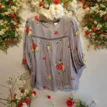 Anthropologie Womens Sz Med Fig &amp; Flower Taupe Top Blouse Embroidery Floral Boho - £21.77 GBP