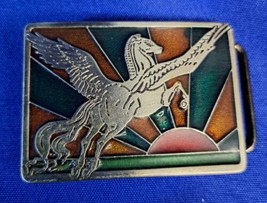 Vintage BELT BUCKLE Pegasus Sunset Greek Mythology Winged Divine Stallion Horse - £21.61 GBP