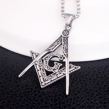 Men&#39;s Silver Freemason Masonic Square Compasses Pendant Necklace Chain 24&quot; Gift - £13.28 GBP