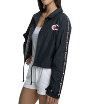 Champion Womens Cropped Coaches Jacket Size Medium Black Logo Striped Sleeve - £27.45 GBP