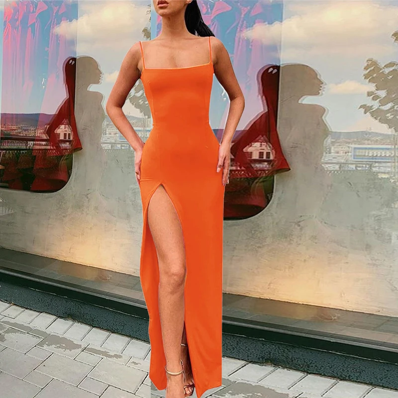 Sporting Ay Neon Green Orange Maxi Dress Women New SAs Backless Split Long Dress - £31.17 GBP