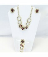 Gold Tone Chain Necklace With Faux Ruby Bracelet + Clip Earrings Estate ... - $30.04 CAD
