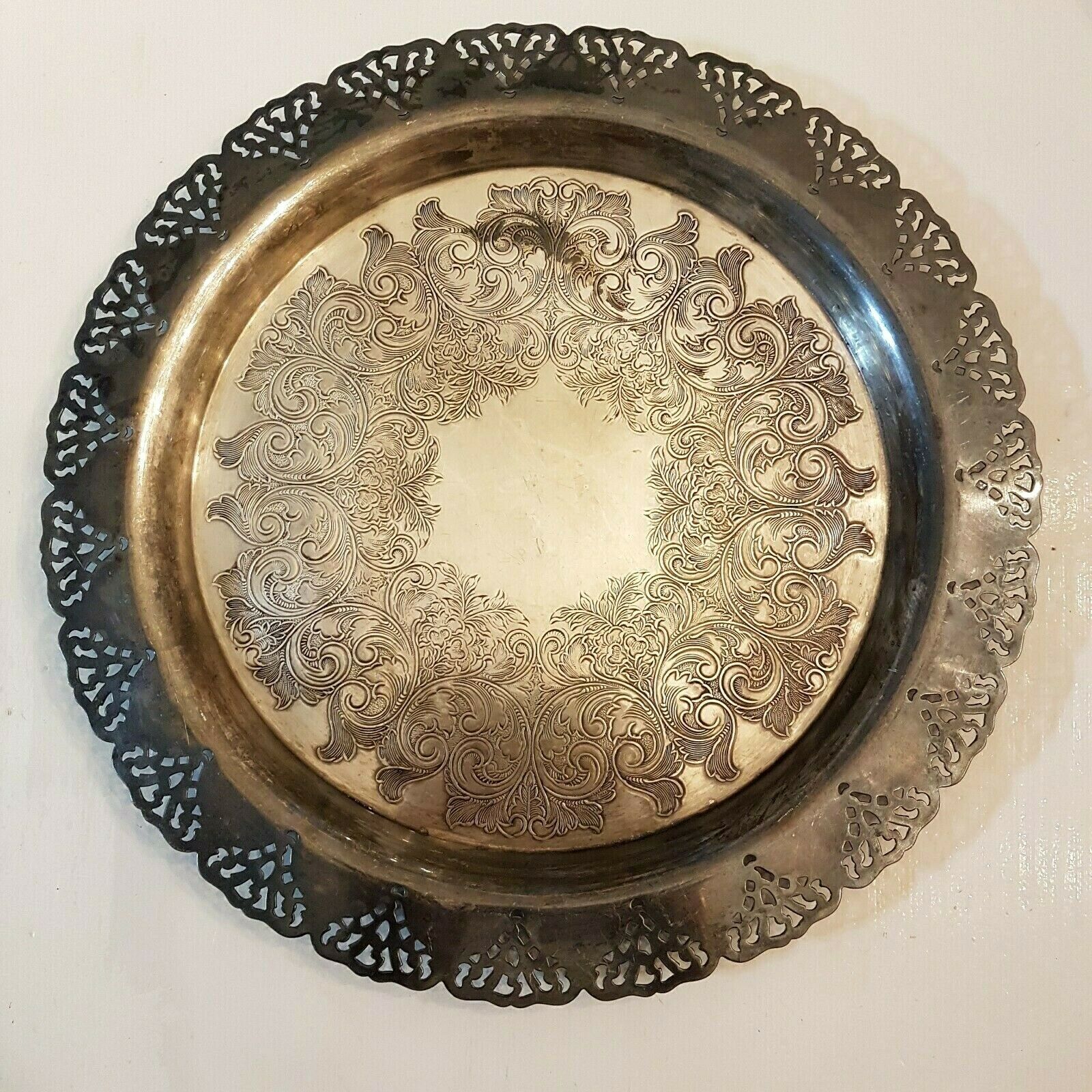 Primary image for SILVERPLATED SERVING TRAY 12.75" HOME DECORATORS Ornate Cut Out Scroll Work VTG