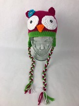 New Hand Knit Pink Green OWL FACE &amp; Ears Winter HAT Cap Child Kids W Tie Straps - £7.85 GBP