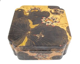 Vintage Hand Painted Japanese Pig Skin Ceremonial Trunk Chest Box Birds &amp; Lilies - £572.06 GBP