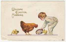 Vintage Postcard Easter Boy Feeds Chickens 1916 Embossed Stecher - £5.42 GBP