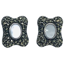 vintage sterling silver marcasite mother of pearl earrings - £35.96 GBP