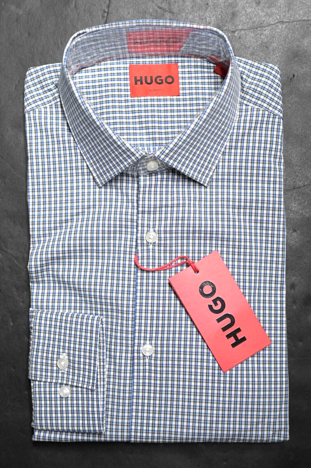 HUGO BOSS Hombre Kenno Ajustado Azul/Verde Escocesa Algodón Camisa 39 15.5 - £48.05 GBP