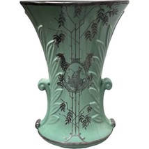 Vintage Art Deco Silver Overlay Green Abington Ceramic Vase Galleon 11&quot; - $70.13