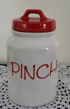 &quot;Pinch&quot; Ceramic/Glass Jar w/Lid ~ Red &amp; White Colored 3.75&quot; Dia x 6.25&quot; ... - £17.91 GBP