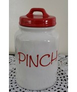 &quot;Pinch&quot; Ceramic/Glass Jar w/Lid ~ Red &amp; White Colored 3.75&quot; Dia x 6.25&quot; ... - £17.72 GBP