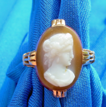 Antique Victorian Deco Ring Fine Intaglio Carnelion Cameo Solid 14k Rose Gold - £1,088.55 GBP