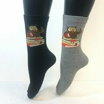 2 PAIRS Foozys Women&#39;s Socks, Professor Owl Print, Gray, Black, NEW - £7.11 GBP