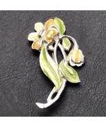 Floral Enamel Silver Tone Brooch Pin Daffodil Yellow Green  - $12.95