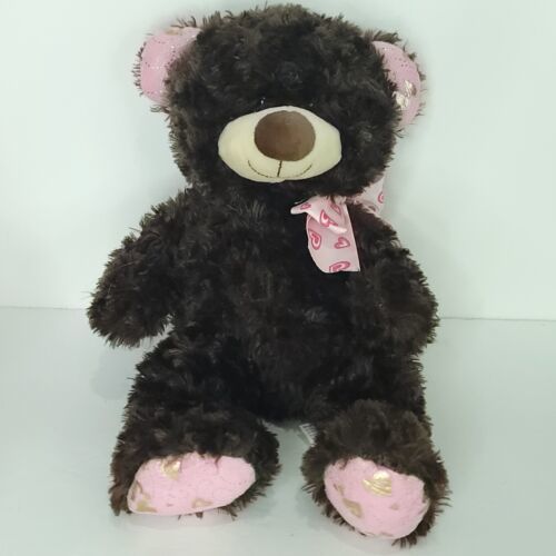 Valentine Brown Bear Heart Bow Gold Ears Plush Stuffed Animal Hug Fun 13" - £16.81 GBP