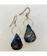 Iridescent Hoop Earrings Blue Green Purple Shell Hand Crafted Dangle Pie... - $47.76 CAD