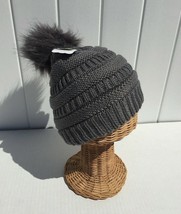 Winter Knit Beanie Hat Skull Cap Solid Dark Gray with Faux Fur Pom Recyc... - £6.84 GBP