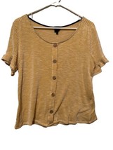 W5 Mustard Yellow &amp; White Striped Short-Sleeve Wood Buttons Top, Large SOFT - £13.18 GBP