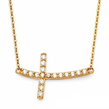 14K Yellow Gold &amp; Cubic Zirconia Curved Cross Necklace - £184.41 GBP