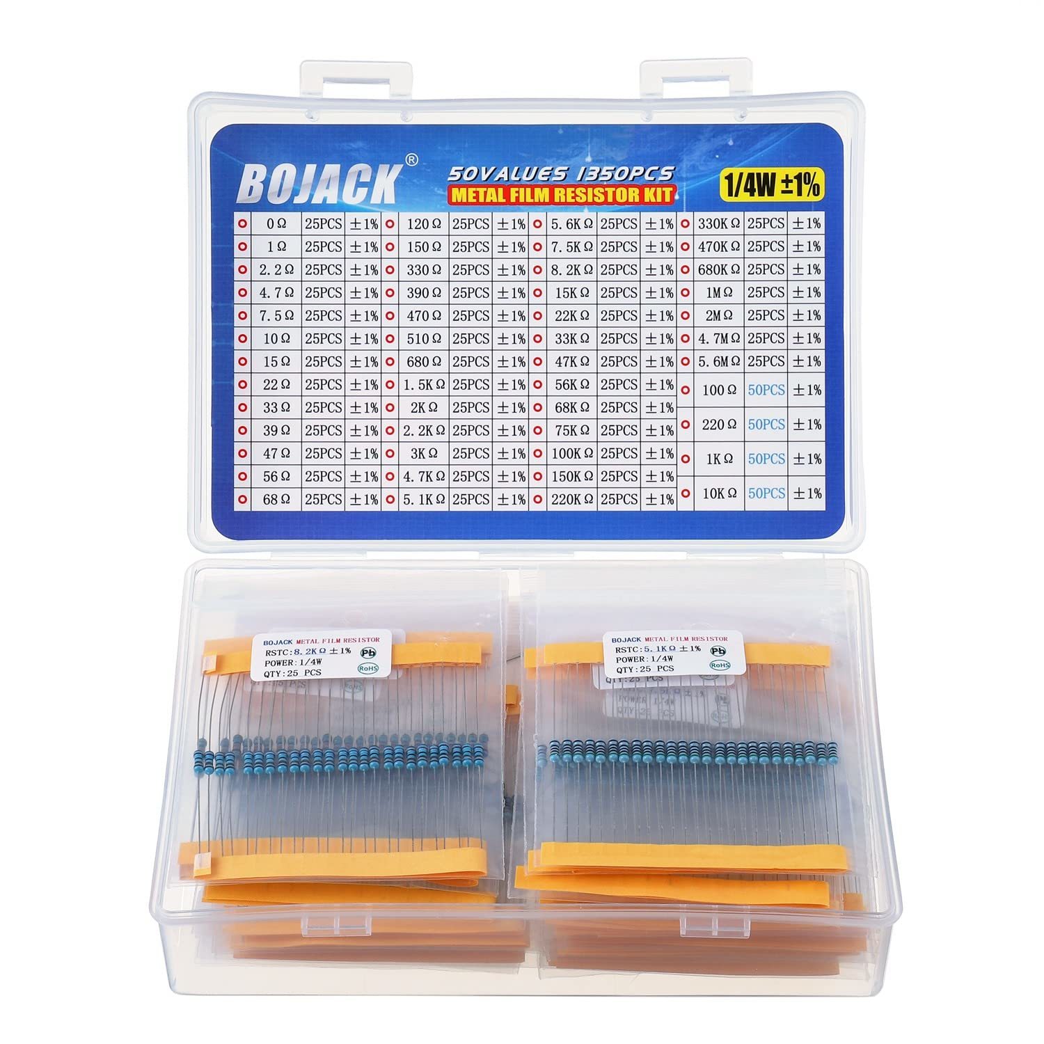 Bojack 50 Values 1350 Pcs Resistor Kit 0 Ohm-5.6M Ohm With 1% 1/4W Metal... - $38.97