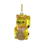 LUCKY CAT ORNAMENT 4.5&quot; Glass Christmas Cute Yellow Maneki Neko Beckonin... - $16.95