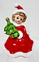 Vintage Lefton Christmas Girl w Tree in Pot Figurine 4&quot; Japan Paint loss - $26.24