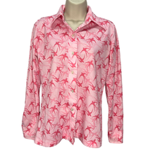 Vintage Nikki Button Down Blouse Pink Birds 70s Size M Long Sleeve Disco - $24.70