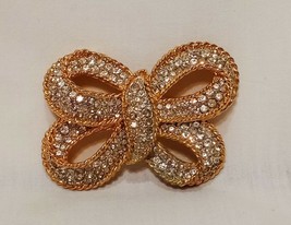 Rhinestone Gold Tone Bow Brooch Pin 1.75&quot;  Vintage Metal Costume Jewelry - $16.72