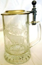 Vintage Glass W/ Pewter Lid Beer Stein Etched Deer Stag Germany !Must See! - £18.85 GBP