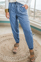 Dusk Blue Drawstring Waist Pocketed Plus Size Denim Joggers - $54.99