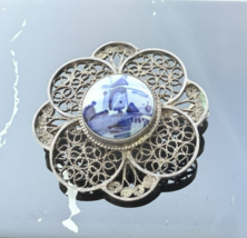 VINTAGE 1950&#39;s DELF 925 STERLING SILVER FILIGREE PORCELIAN BROOCH - $35.64