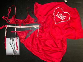 Victoria&#39;s Secret M 34C 36B Bra Set+Garter+Robe Satin Red Fringe Shine Strap - $148.49