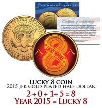 Chinese LUCKY NUMBER 8 Coin 24K Gold Plated 2015 JFK Half Dollar Coin U.... - £6.77 GBP