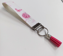 Wristlet Key Fob Keychain Faux Leather Pink White Tree Butterfly with Tassel New - £7.30 GBP
