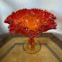 Vintage Fenton Amberina Thumbprint  Ruffled Pedestal Compote Red Orange - $35.37