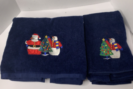 Vintage 4 PC Dark Blue Christmas Towel Set With Embroidered Snowman 2 Lg 2 Sm - £9.54 GBP