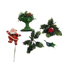 Vintage Plastic Holly Christmas Decor Flocked Candlestick Santa Pick Craft Lot - £12.71 GBP