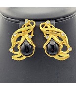 VTG Barrera for Avon Clip-On Earrings Goldtone Black Lucite Stones Rhine... - $41.75