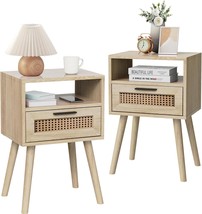 Nightstands Set Of 2, Rattan Night Stand, Boho Nightstand With Drawer Open - $107.99