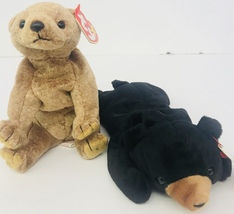 Ty Pecan &amp; Blackie Bear Beanie Babies 7&quot; Date Of Birth April 15 99 &amp; Jul... - £17.57 GBP