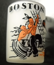Hazel Atlas Shot Glass Boston Tea Party Frosted Glass Black Orange Illustrations - $18.99