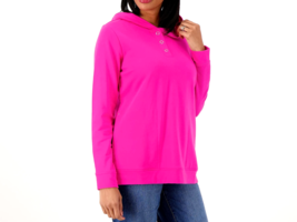 Sport Savvy French Terry Snap Henley Hooded Pullover Top- Bright Pink, S... - £22.40 GBP