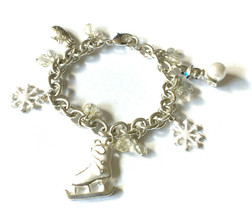 Skater Dangle Charm Bracelet White Enamel Ice Skate Crystal Snow Flake Snowman - £11.86 GBP