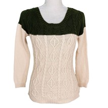 Olive &amp; Oak Sweater Small Beige Green Cable Knit Crew - $24.74