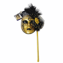 Masquerade Handheld Mask Full Face Gold Black Feathers Mardi Gras Halloween - £22.29 GBP