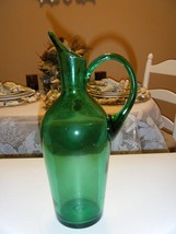 VINTAGE GREEN GLASS PITCHER  12 INCHES HIGH 6 INCHES WIDE 2 INCH OPENING - $22.49