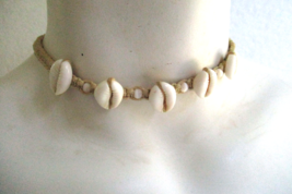 Cowrie Shell Macrame Surfer Necklace Choker 14.5&quot; Vintage Hemp Cord - £12.15 GBP