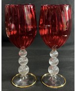Pair Of Delicate Hand Blown Glass Red Wine Glasses Hollow Stem 8.25” Tall - $24.47