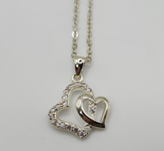 Silver Tone Double Heart Clear Rhinestone Faux Diamond Necklace - 17.5&quot; - £15.42 GBP